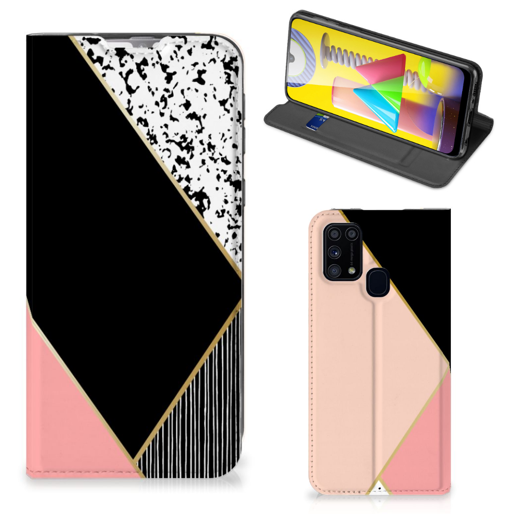 Samsung Galaxy M31 Stand Case Zwart Roze Vormen - B2C Telecom