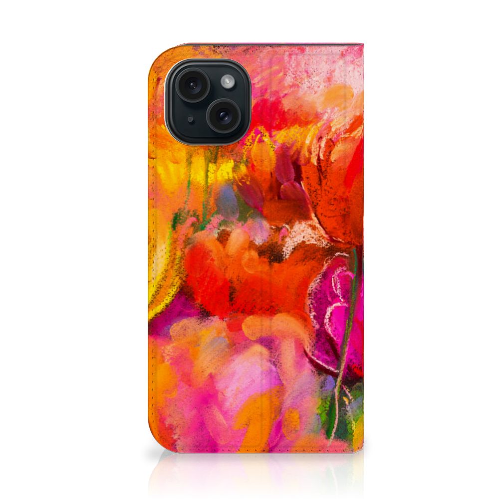 Bookcase iPhone 15 Tulips design with vibrant tulip artwork in red and pink colors.