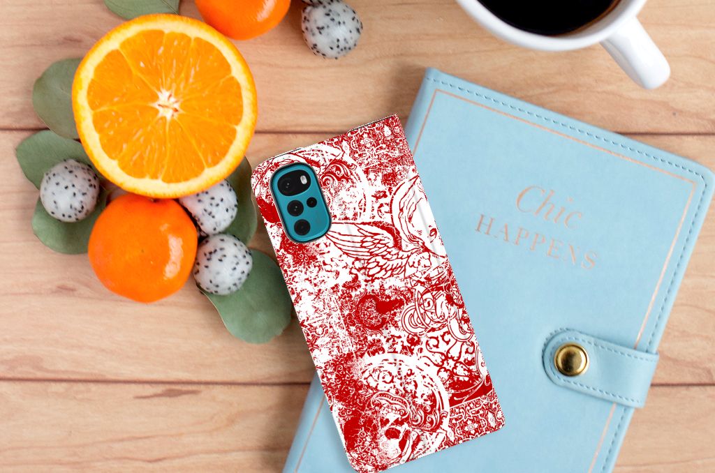 Mobiel BookCase Motorola Moto G22 Angel Skull Rood - B2C Telecom