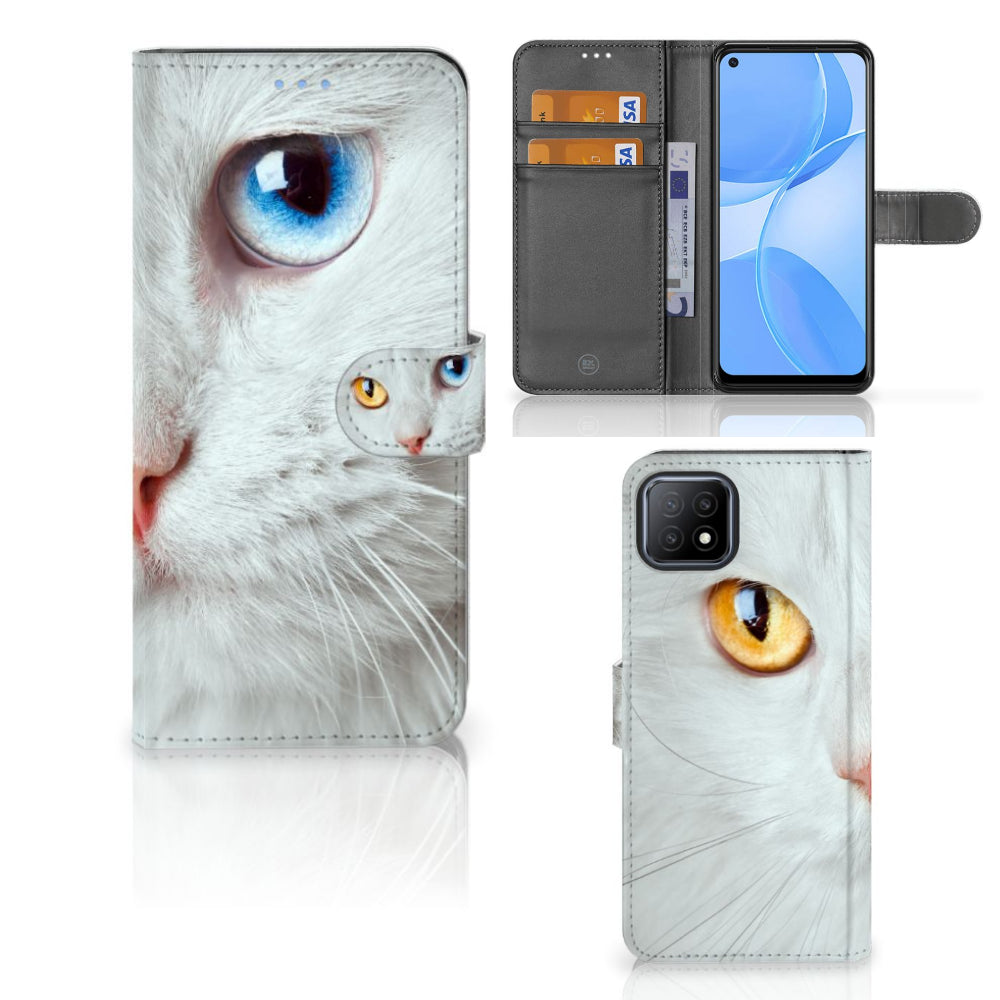 OPPO A73 5G Telefoonhoesje met Pasjes Witte Kat