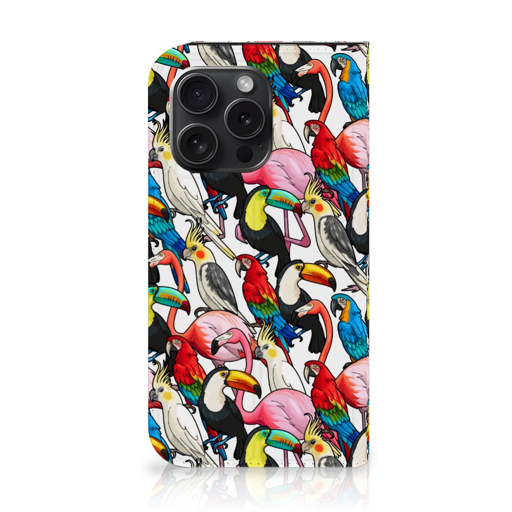 iPhone 15 Pro Hoesje maken Birds met kleurrijke vogels zoals toekans, flamingo's en papegaaien tegen witte achtergrond.