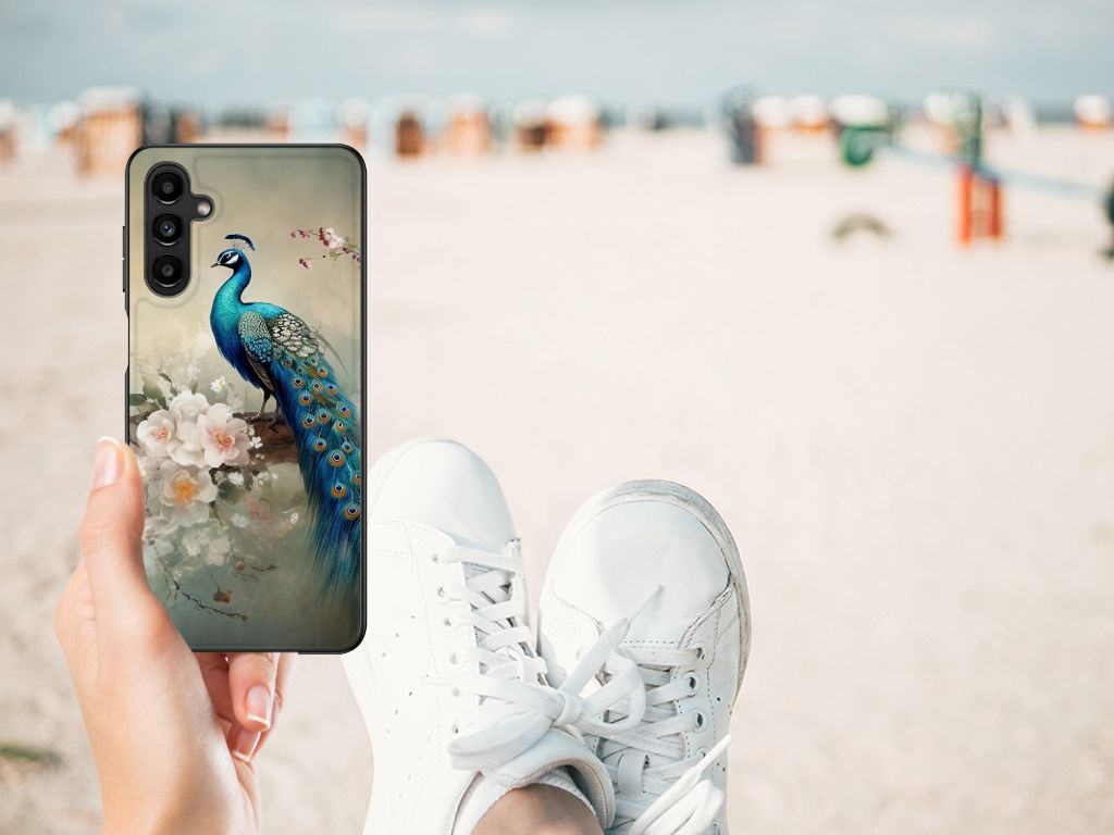 Dierenprint Telefoonhoesje voor Samsung Galaxy A14 5G Vintage Pauwen in handen op het strand.