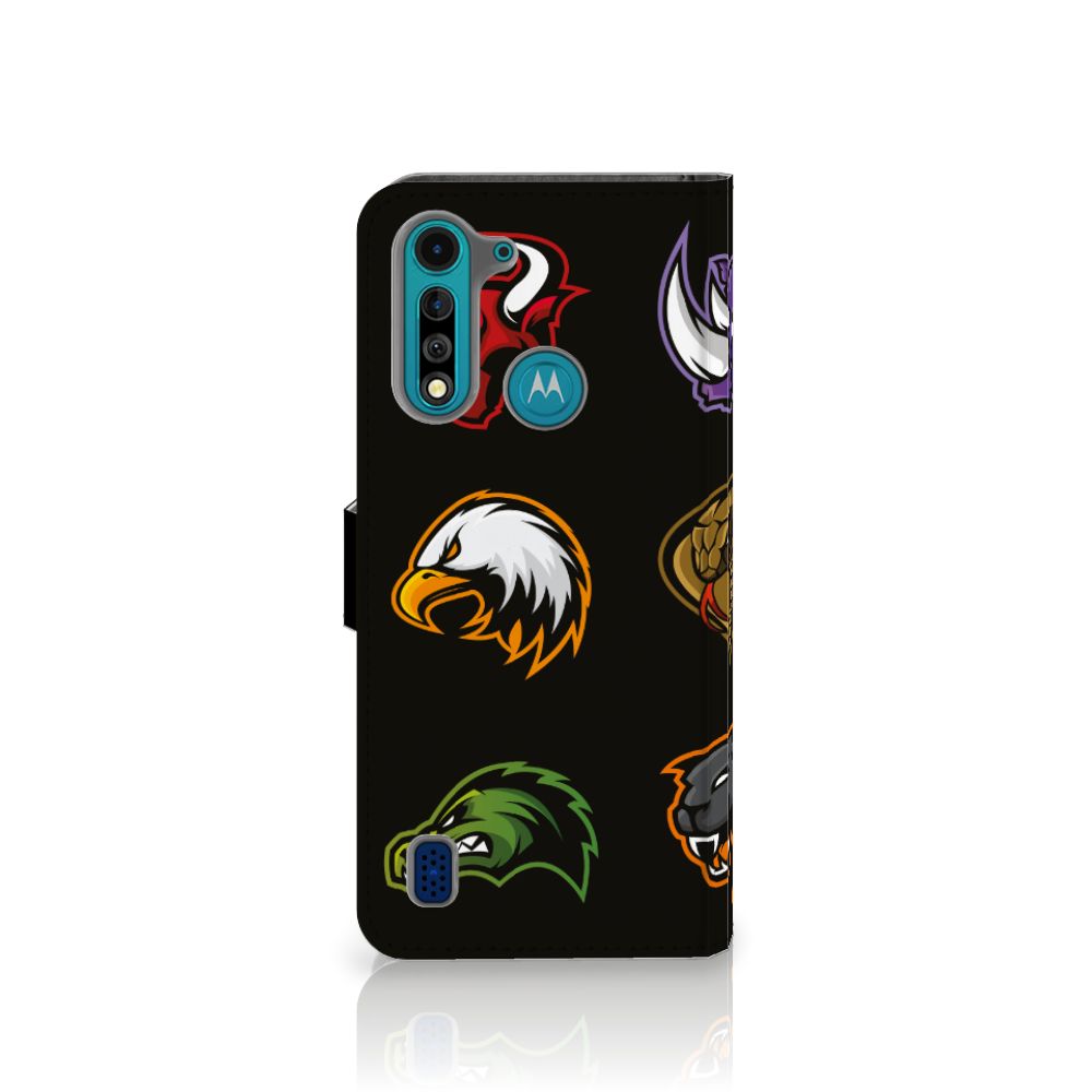 Motorola G8 Power Lite Leuk Hoesje Cartoon met kleurrijke dierenkoppen en vrolijke ontwerpen op een zwarte achtergrond.