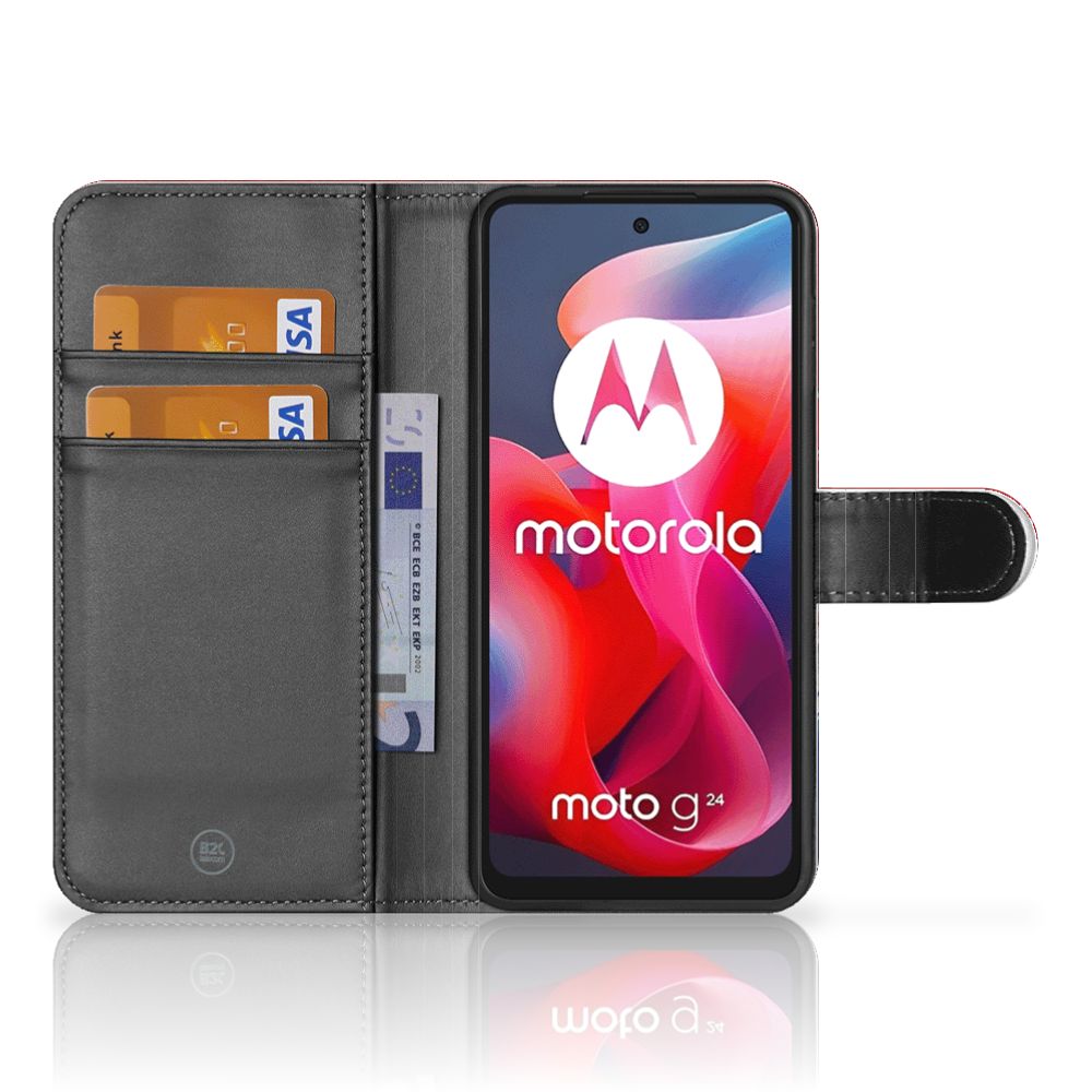 Motorola Moto G24 | G04 | G24 Power Bookstyle Case Nederland met pasjes, zwarte binnenkant en Motorola logo op scherm.