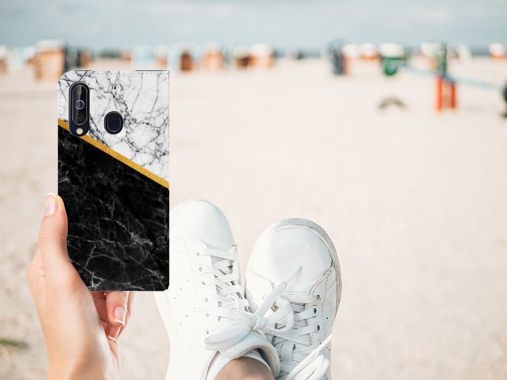Samsung Galaxy A60 Standcase Marmer Wit Zwart - Origineel Cadeau Man