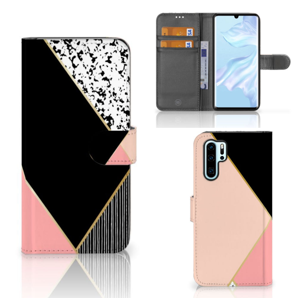 Huawei P30 Pro Book Case Zwart Roze Vormen