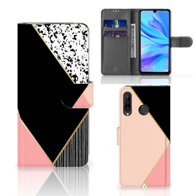 Huawei P30 Lite (2020) Book Case Zwart Roze Vormen