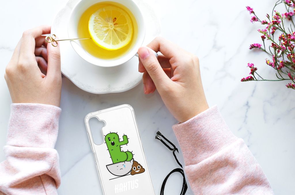Samsung Galaxy A14 5G Stevig Bumper Hoesje Cactus Poo met cactus en poo design op een tafel.