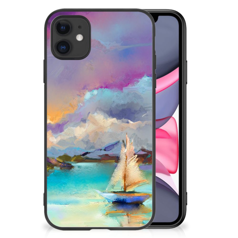 Kleurrijke Telefoonhoesje iPhone 11 Boat met watercoloring print en zwarte randen voor Apple iPhone 11