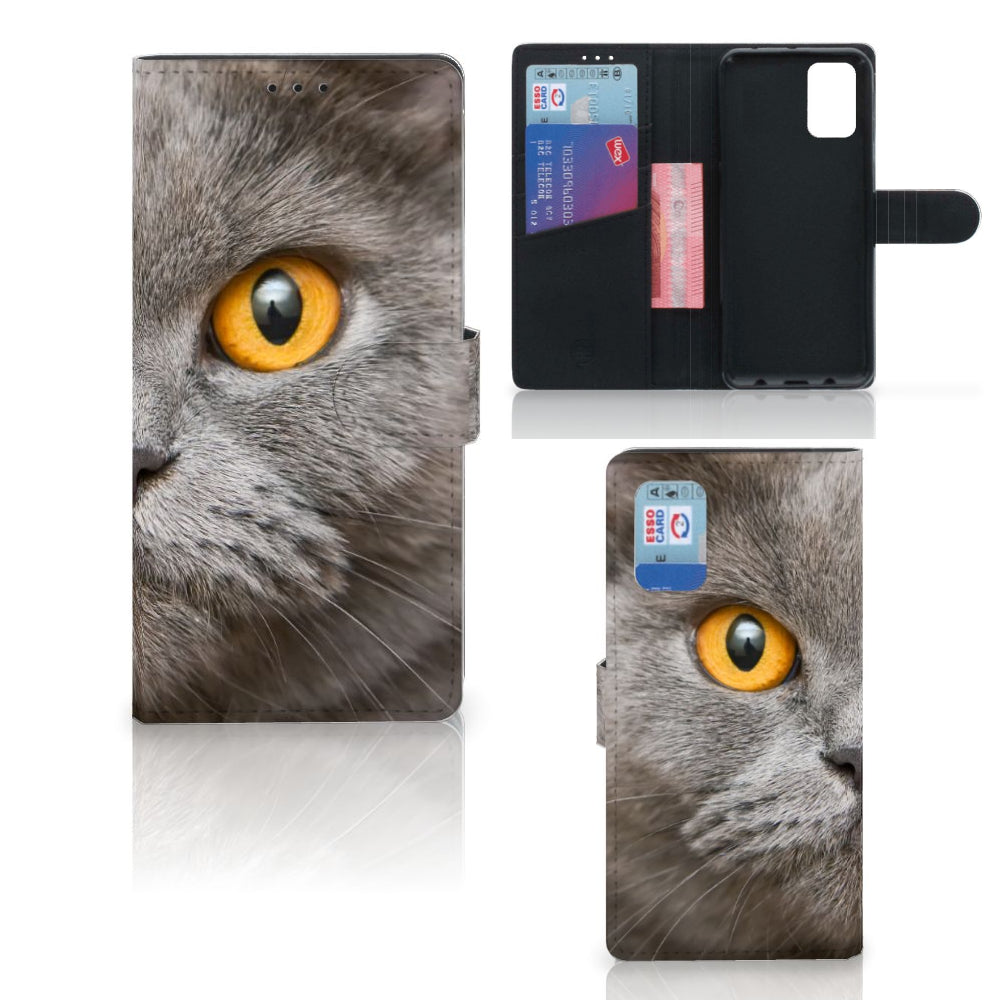 Telefoonhoesje met Pasjes Samsung Galaxy A02s | M02s Britse Korthaar met afbeelding van een Britse korthaar kat.