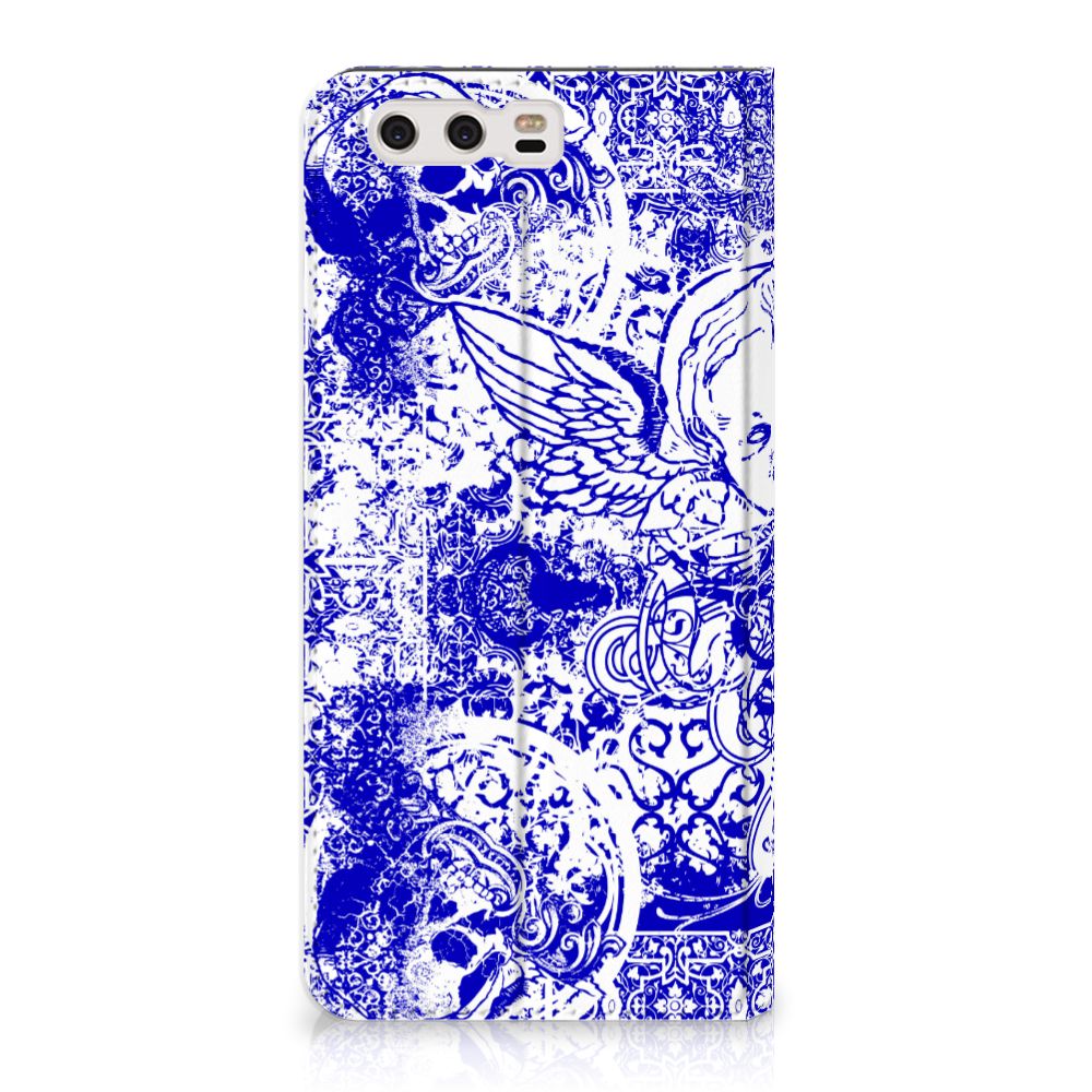 Mobiel BookCase Huawei P10 Plus Angel Skull Blauw