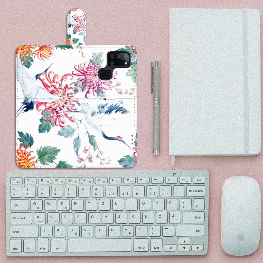 Samsung Galaxy A21s Telefoonhoesje met Pasjes Bird Flowers