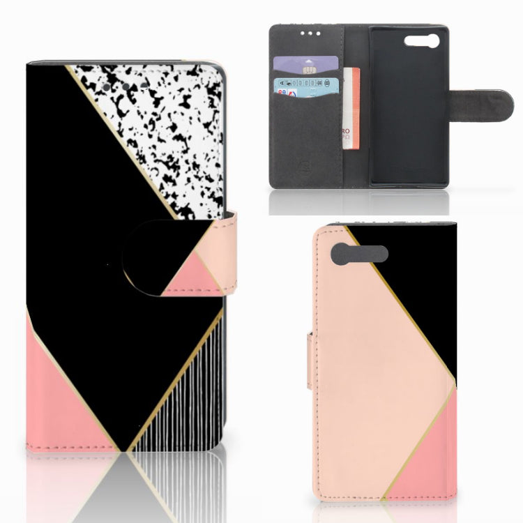 Sony Xperia X Compact Book Case Zwart Roze Vormen