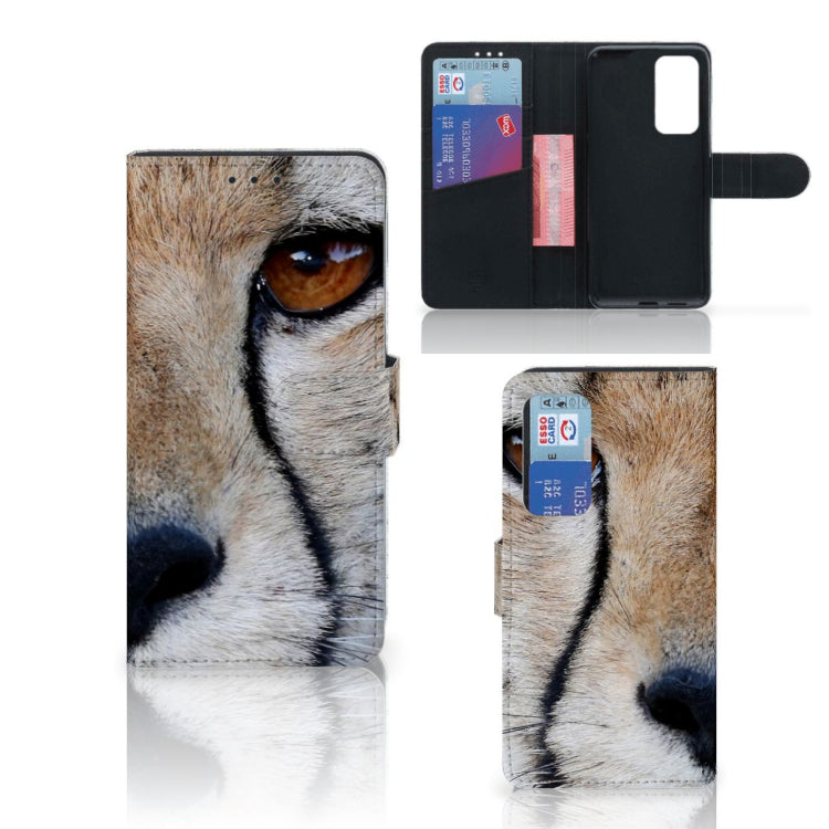 Huawei P40 Telefoonhoesje met Pasjes Cheetah met close-up van cheeta oog en pasjesruimte.