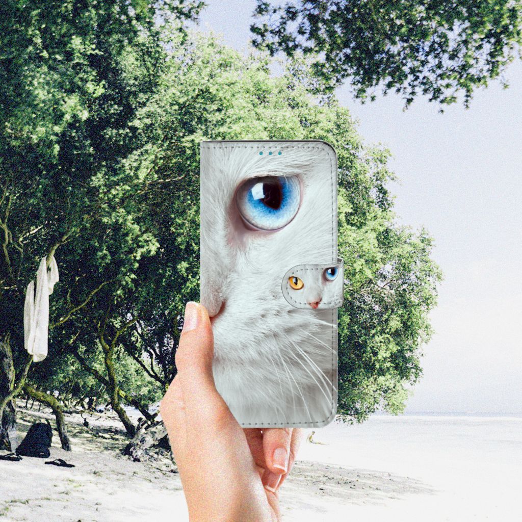 Samsung Galaxy A73 5G Telefoonhoesje met Pasjes Witte Kat