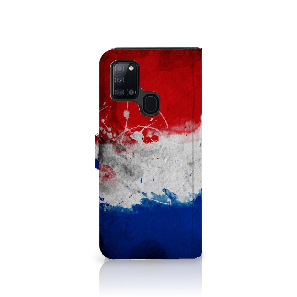 Samsung Galaxy A21s Bookstyle Case Nederland met artistiek ontwerp van de Nederlandse vlag.