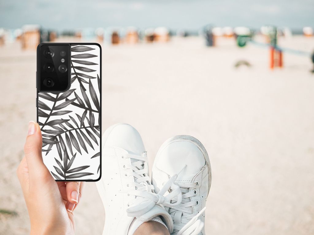 Samsung Galaxy S21 Ultra Bloemen Hoesje Leaves Grey B2C Telecom