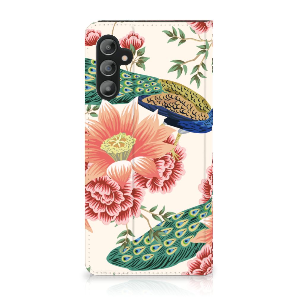 Hoesje maken voor Samsung Galaxy A14 5G Pink Peacock met pauwen en bloemenprint.