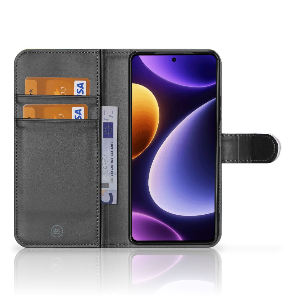 Hoesje Xiaomi Poco F5 Watercolor Light met pasjeshouder en kleurrijk ontwerp.