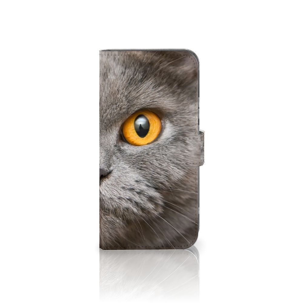 Telefoonhoesje met Pasjes Samsung Galaxy S23 Plus Britse Korthaar met indrukwekkende kat en gele ogen.