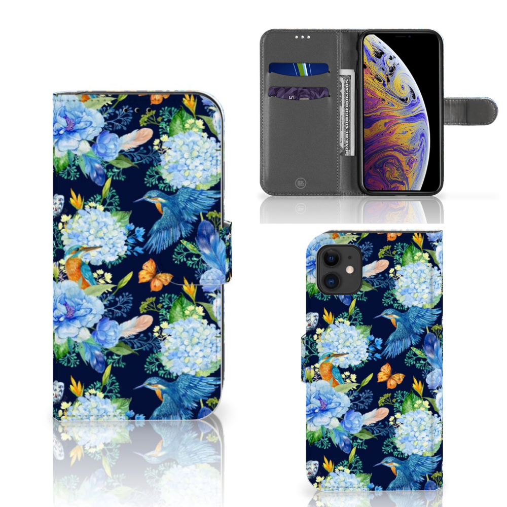 Telefoonhoesje met Pasjes voor Apple iPhone 11 IJsvogel met bloemen en vlinders 🌼🦋