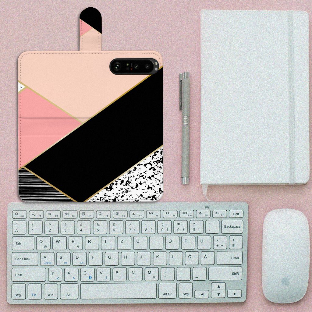 Sony Xperia 1 III Book Case Zwart Roze Vormen