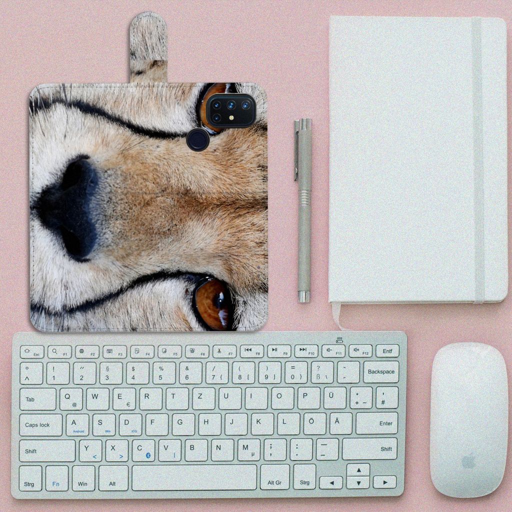 OnePlus Nord N10 Telefoonhoesje met Pasjes Cheetah met close-up van cheeta gezichtsdetails.