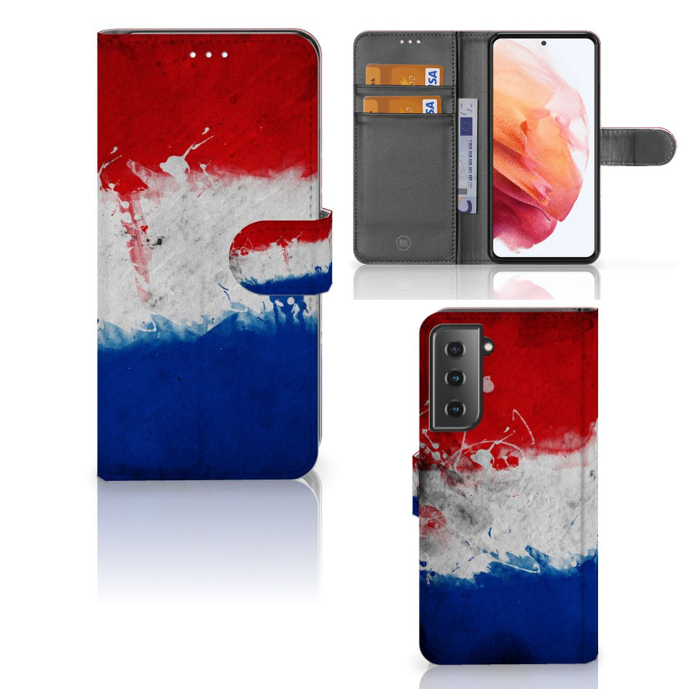 Samsung Galaxy S21 Bookstyle Case Nederland met artistiek ontwerp van de Nederlandse vlag en pasjeshouders.