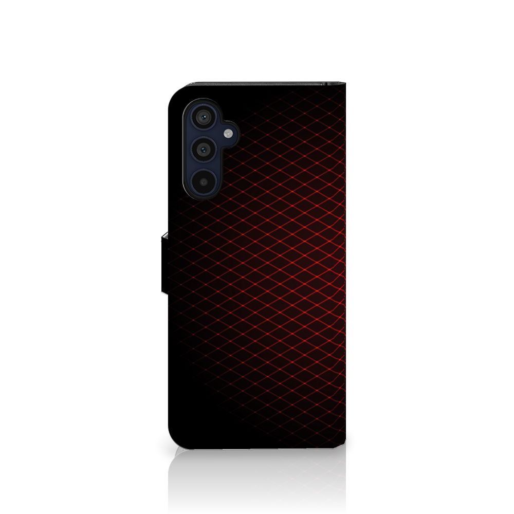 Samsung Galaxy M14 Telefoon Hoesje Geruit Rood met ruitjespatroon op zwarte achtergrond