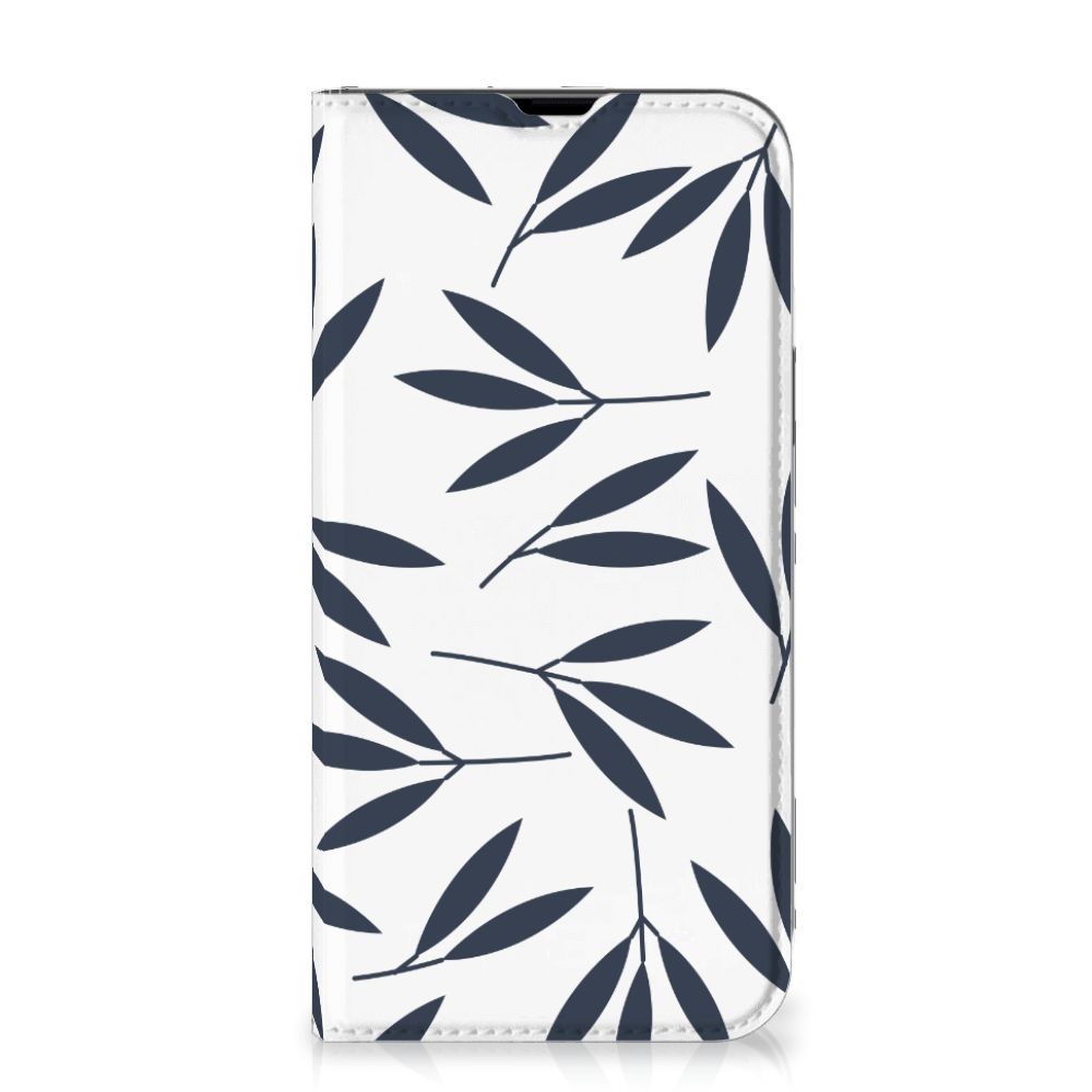 iPhone 13 Pro Max Smart Cover Leaves Blue met donkergrijze bladeren op lichtgrijze achtergrond 🍃