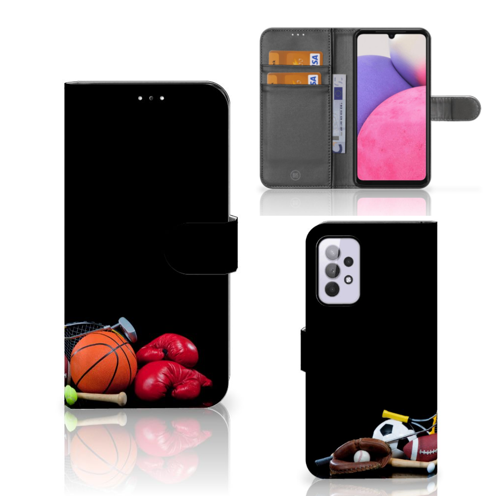 Samsung Galaxy A33 5G Wallet Case met Pasjes Sports met sportafbeeldingen van basketballen en bokshandschoenen.