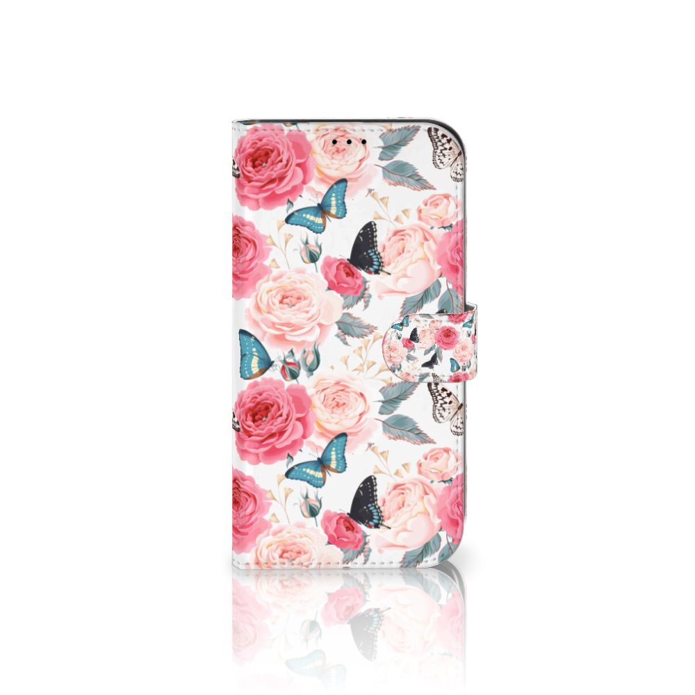 iPhone 13 Pro Max Hoesje Butterfly Roses met roze rozen en vlinders voor een romantische uitstraling.