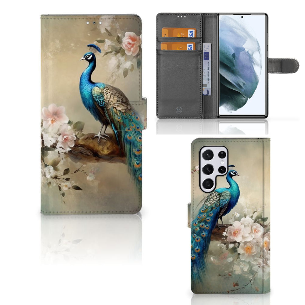 Telefoonhoesje met Pasjes voor Samsung Galaxy S22 Ultra Vintage Pauwen