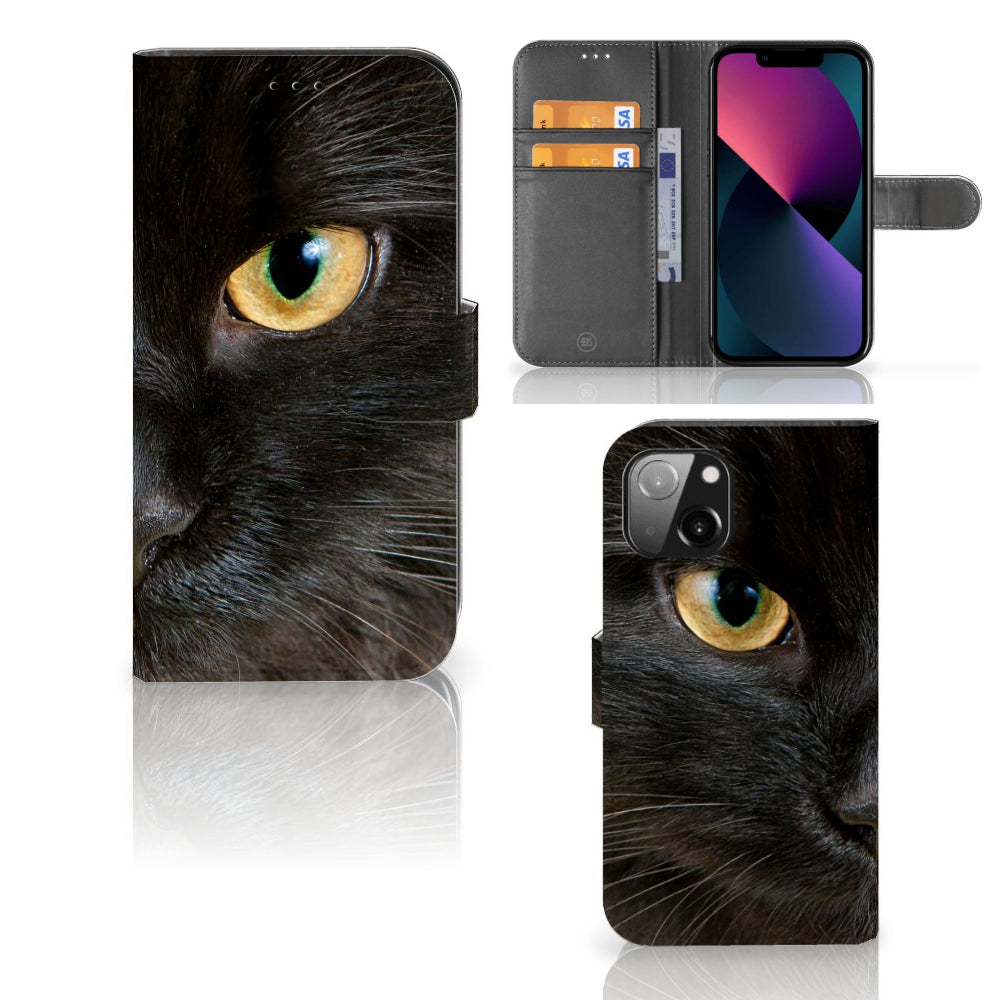 Apple iPhone 13 Telefoonhoesje met Pasjes Zwarte Kat