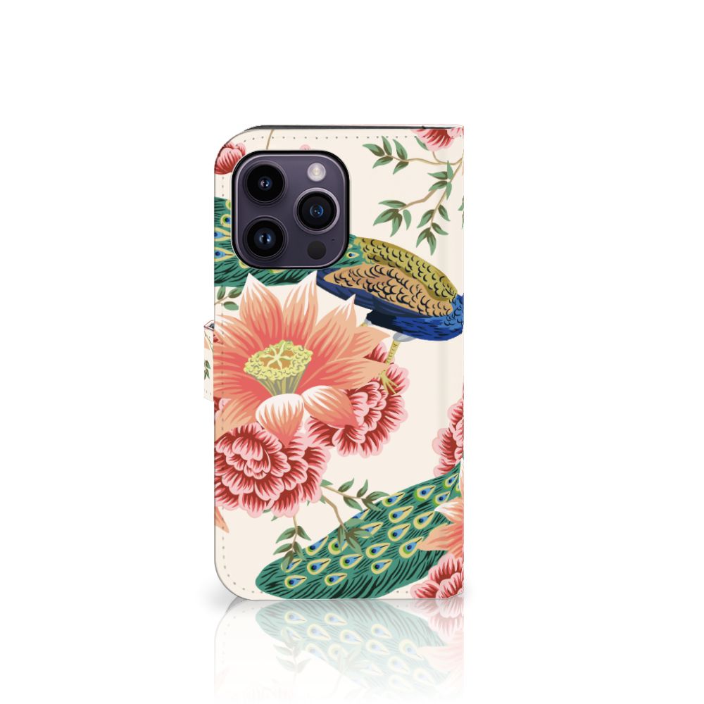 Telefoonhoesje met Pasjes voor iPhone 15 Pro Max Pink Peacock met kleurrijk pauw en bloemen ontwerp 🌺.