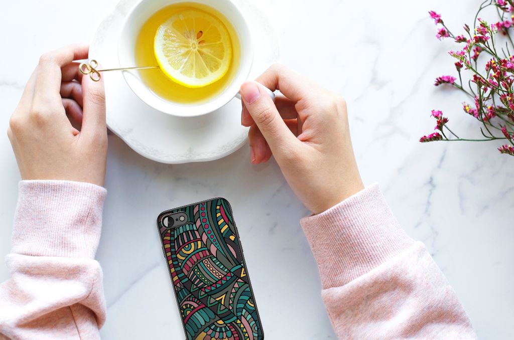 iPhone SE 2022 | SE 2020 | 7/8 Back Case Aztec with vibrant design next to a cup of lemon tea.
