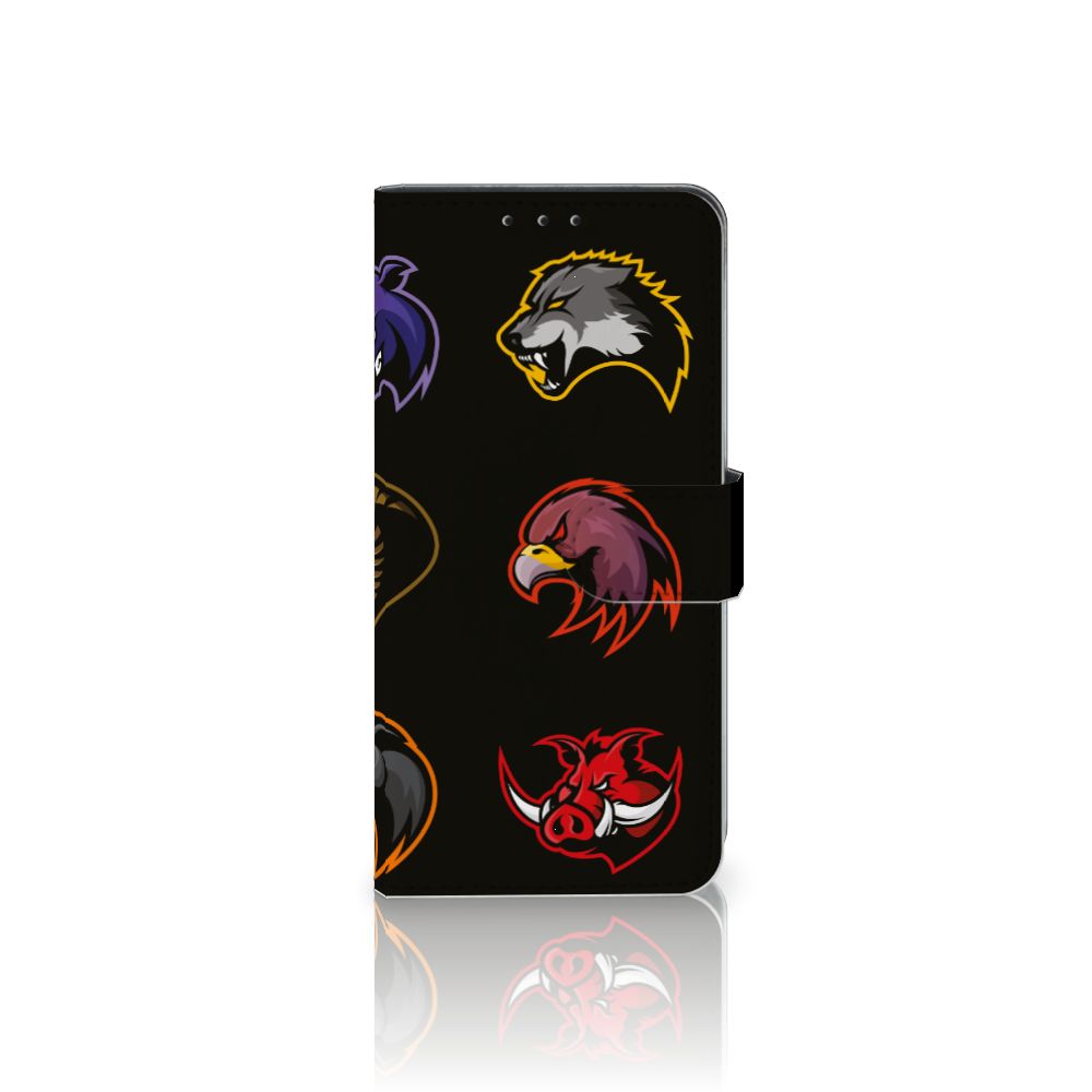 Nokia 2.3 Leuk Hoesje Cartoon met kleurrijke dierenlogo's op een zwart achtergrond.