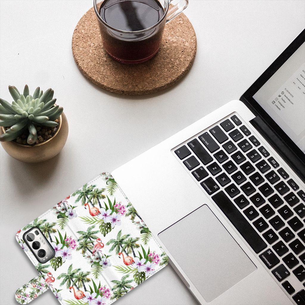 OPPO Find X3 Neo 5G Telefoonhoesje met Pasjes Flamingo Palms