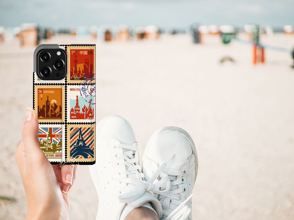 iPhone 13 Pro Book Cover Postzegels met kleurrijke postzegels op een strand achtergrond 🇬🇧