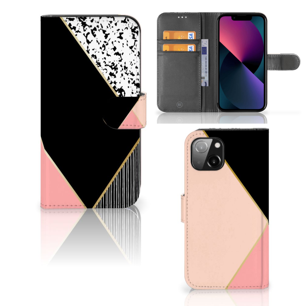 Apple iPhone 13 Book Case Zwart Roze Vormen