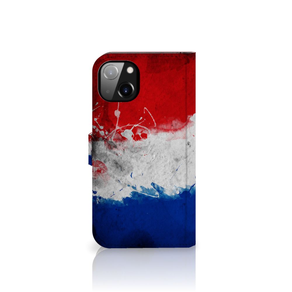 iPhone 14 Plus Bookstyle Case Nederland in artistiek design van de Nederlandse vlag.