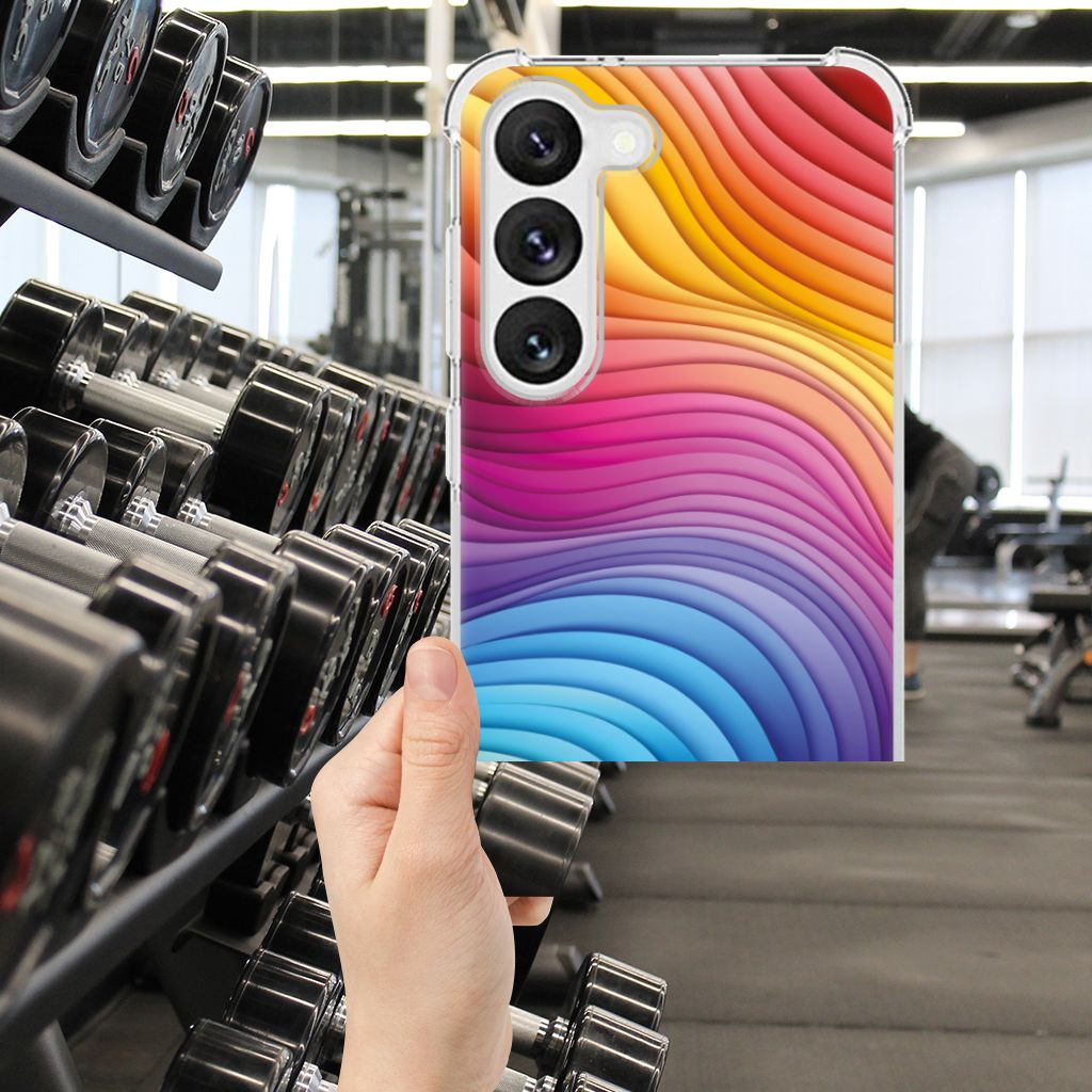 Telefoonhoesje met Pasjes voor Samsung Galaxy A14 5G Paard in een moderne gym setting met gewichten.