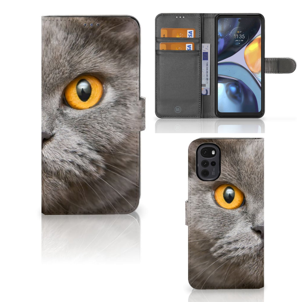 Telefoonhoesje met Pasjes Motorola Moto G22 Britse Korthaar, met indrukwekkende afbeelding van een Britse korthaar kat.