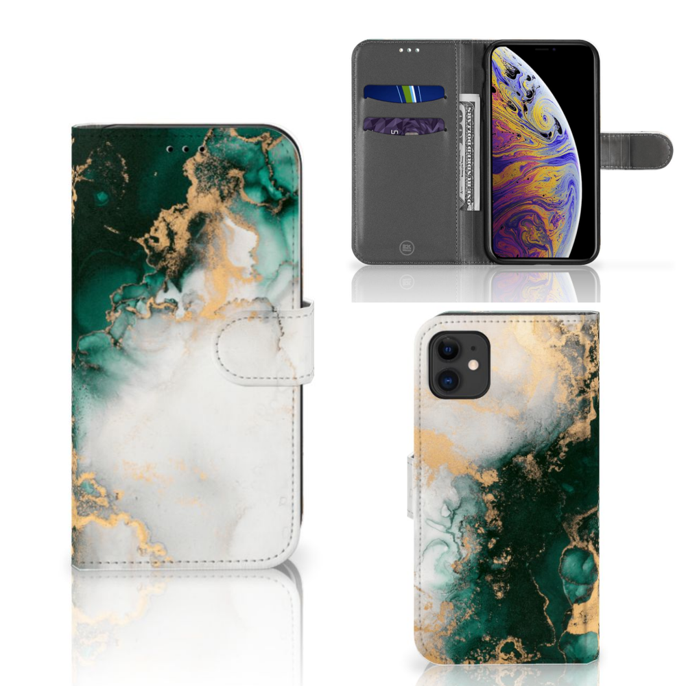 Bookcase voor Apple iPhone 11 Marmer Groen met stijlvol design en ruimte voor pasjes.