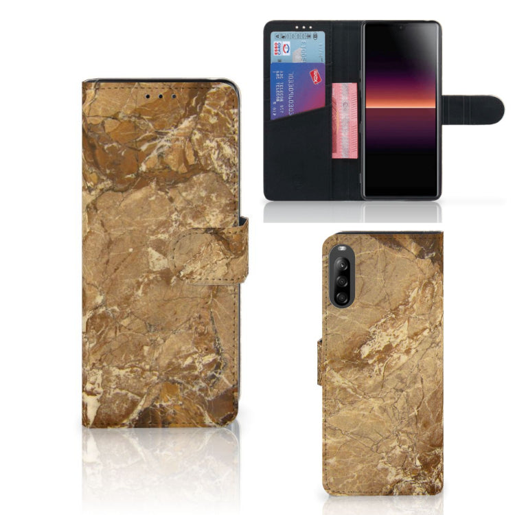 Sony Xperia L4 Bookcase Marmer Creme, stijlvolle en beschermende telefoonhoes met pasjes en marmerdesign.