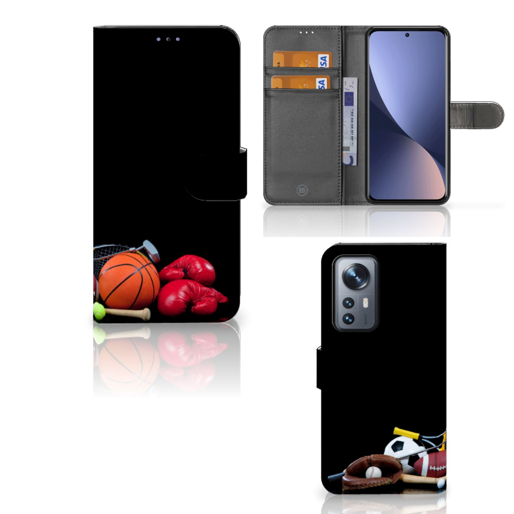 Xiaomi 12 Pro Wallet Case met Pasjes Sports met sportafbeeldingen en opbergvakjes voor pasjes.