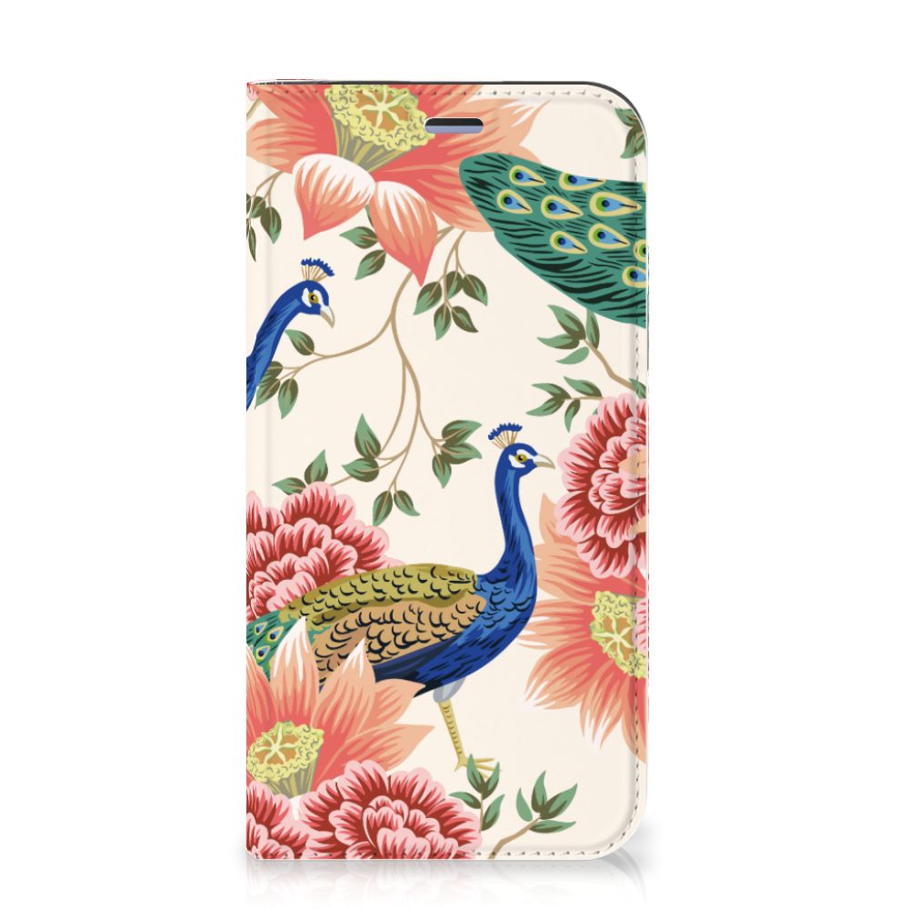 Hoesje maken voor iPhone 12 Mini Pink Peacock met kleurrijke pauwen en bloemenprint 🌸.