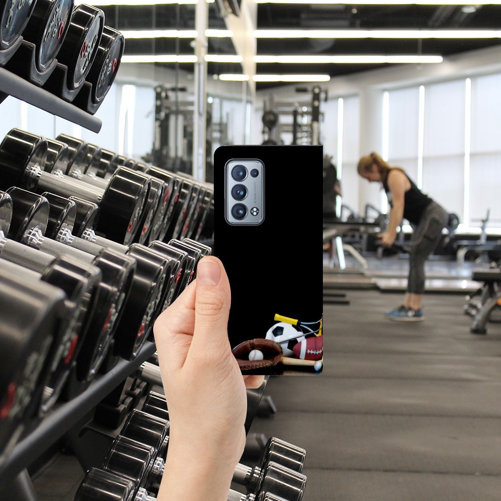 OPPO Reno 6 Pro Plus 5G Hippe Standcase Sports in a gym with sports-themed designs.