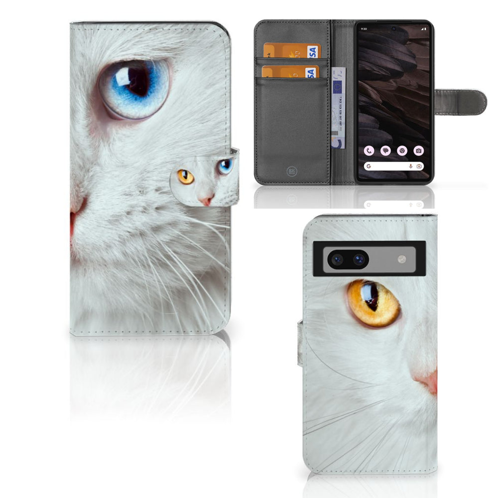 Google Pixel 7A Telefoonhoesje met Pasjes Witte Kat