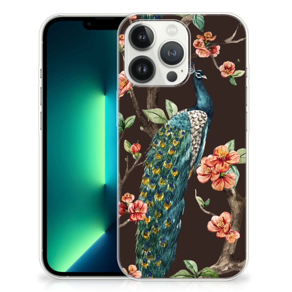 iPhone 13 Pro Max TPU Hoesje Pauw met Bloemen met een kleurrijke pauw en bloemen op een elegante achtergrond 🌺